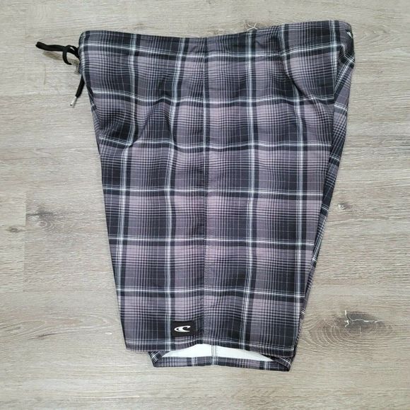 O'Neill Mens 40‎ Grey Black Plaid Boardshorts Surf Swim Wakeboarding Surfing - Picture 2 of 6